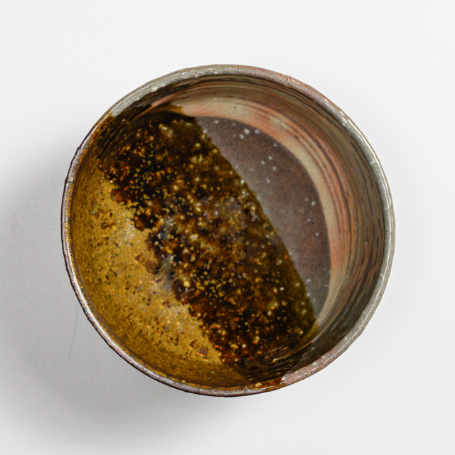 萩焼(伝統的工芸品)抹茶碗上掛分け(刷毛青荒＆鉄釉)半筒No1823