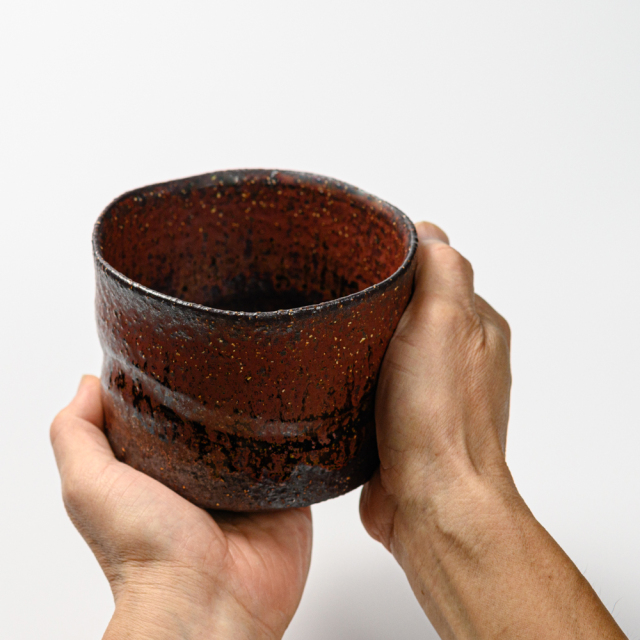 萩焼(伝統的工芸品)抹茶碗特上大鉄赤釉鬼荒半筒線彫