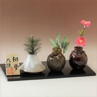 萩焼(伝統的工芸品)豆花入3点セット「初夢(一富士・二鷹・三茄子)」No2191