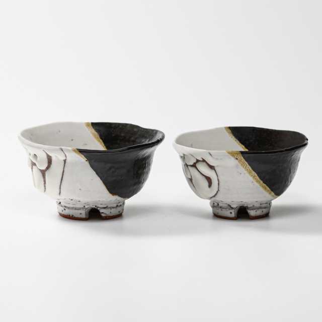 萩焼(伝統的工芸品)飯碗小掛分け(鬼白荒松＆黒釉)朝顔No320