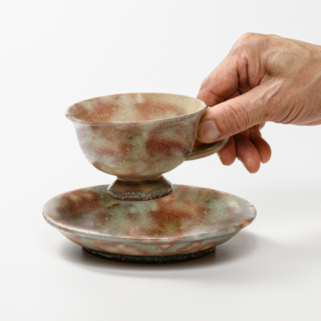 萩焼(伝統的工芸品)カップ＆ソーサ御本手平高付No535