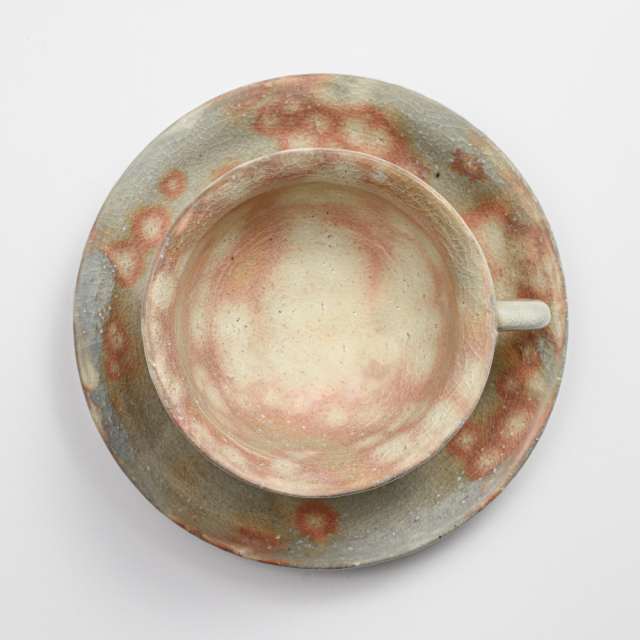 萩焼(伝統的工芸品)カップ＆ソーサ御本手平高付No535