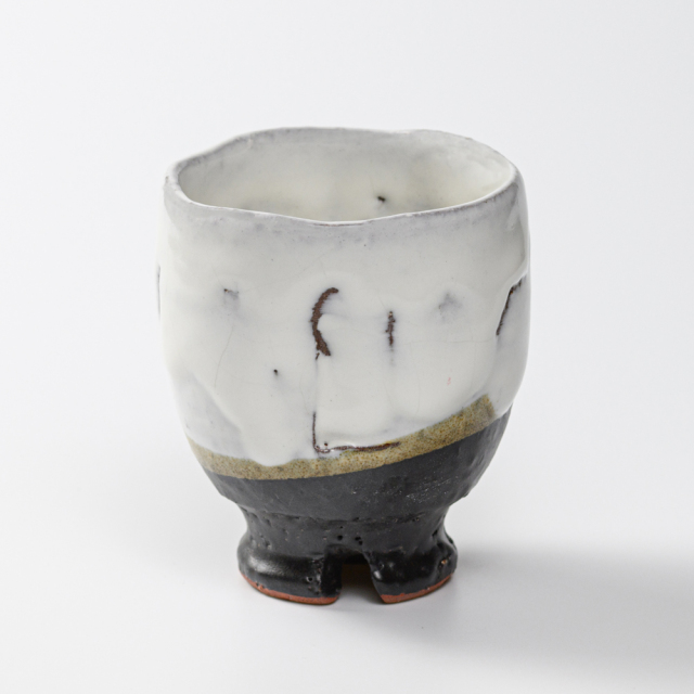 萩焼(伝統的工芸品)湯呑大掛分け(鬼白竹＆黒釉)呉器ヘラメNo59