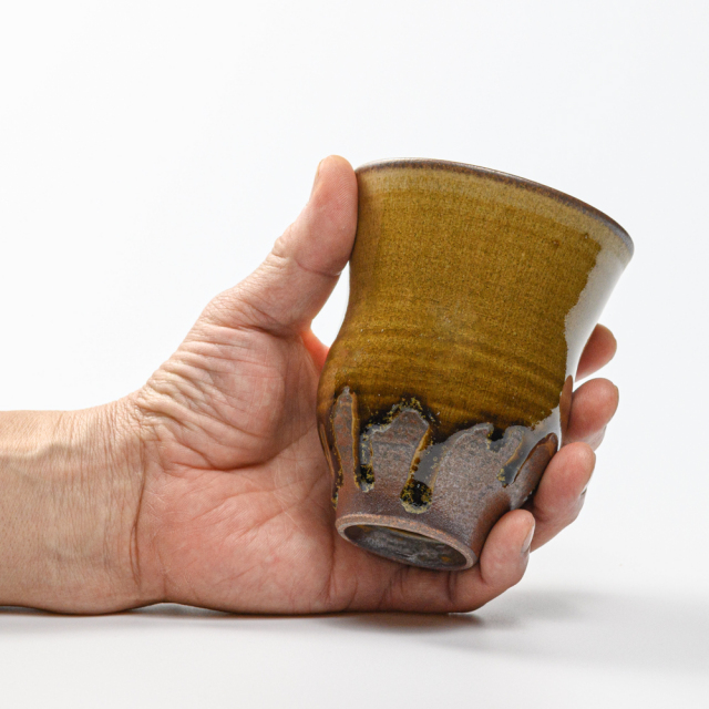 萩焼(伝統的工芸品)タンブラー大緑釉細胴締碁笥底