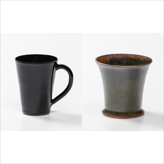 【2022年春から夏のおすすめギフト】No9074・銀黒星釉のマグカップ大と金黒星釉のフリーカップ大