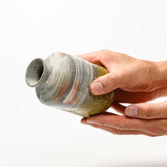 萩焼(伝統的工芸品)徳利掛分け(刷毛青＆緑釉)肩衝四方叩き