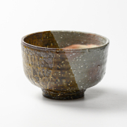 萩焼(伝統的工芸品)抹茶碗上掛分け(刷毛青荒＆鉄釉)半筒No1823