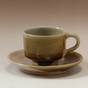 萩焼(伝統的工芸品)カップ＆ソーサ掛分け(刷毛姫＆飴釉)筒