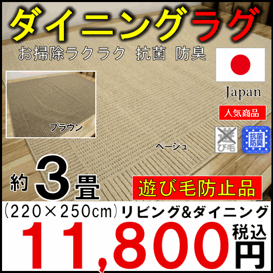 日本製 リビング 3畳 ダイニングラグ ラグ カーペット 人気 シンプル ナチュラル ブラウン ベージュ OSM 品名【マインツ220×250】 約3畳 220×250cm