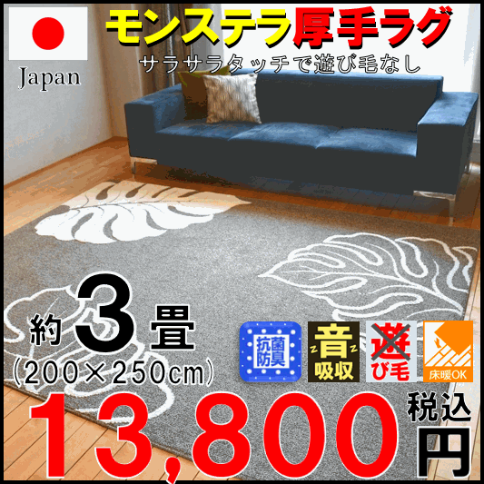 ラグ 3畳 200×250 おしゃれ モンステラ 国産 絨毯 カーペット ブラウン アイボリー 抗菌 防臭  OSM【RH-300/200250】 約3畳 200×250cm　