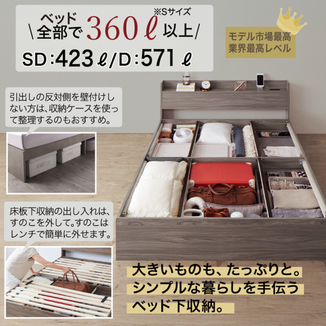 棚・コンセント・引き出し収納付のベッド【シングルサイズ/フレーム