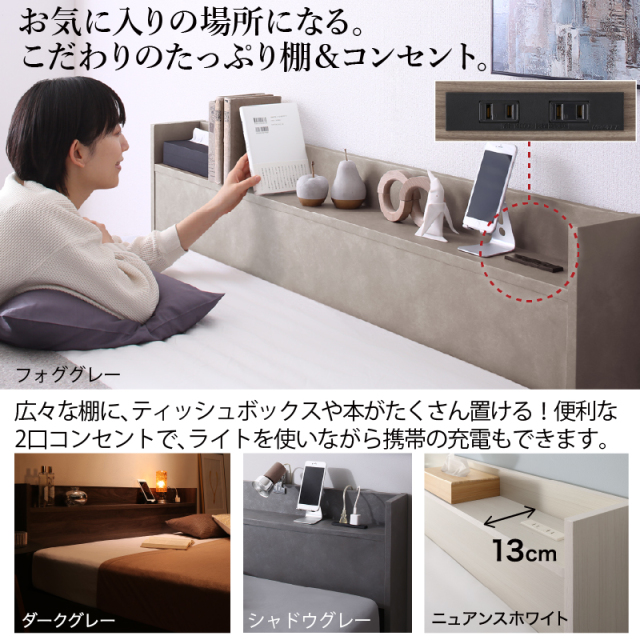 棚・コンセント・引き出し収納付のベッド【シングルサイズ/フレーム