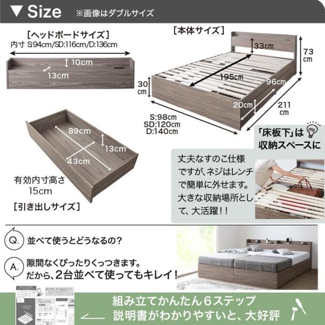 棚・コンセント・引き出し収納付のベッド【セミダブルサイズ/匠“たくみ