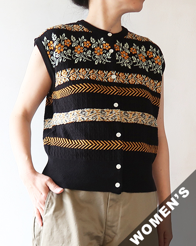 ASEEDONCLOUD - Flower Jacquard Knit Vest - BLACK アシードンクラウド フラワー ジャガード ニットベスト