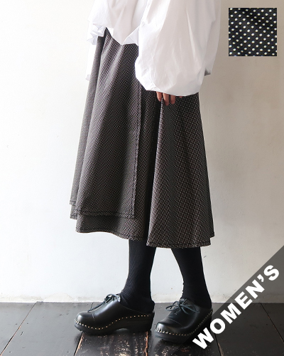 homspun ホームスパン 水玉プリント ラップフレアスカート BLACK