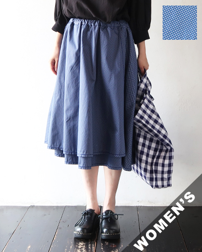 homspun ホームスパン 水玉プリント ラップフレアスカート BLUE
