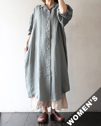 comm.arch. - French Linen Open Collar Short Sleeve One Piece - TURQUOISE BLUE コムアーチ フレンチリネンオープンカラー半袖ワンピース