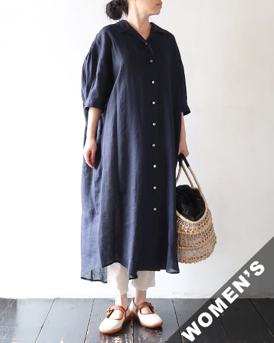 comm.arch. - French Linen Open Collar Short Sleeve One Piece - BLUE HOLE コムアーチ フレンチリネンオープンカラー半袖ワンピース