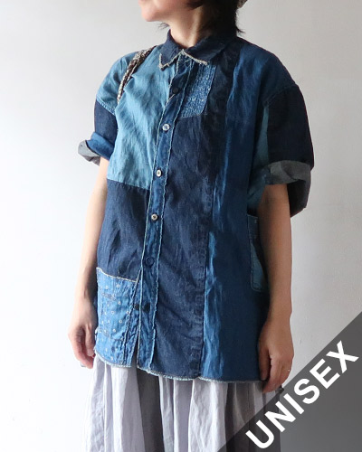 キャピタル　綿×リネンIDGパッチワークバンドカラーカトマンズシャツ(インディゴ KAPITAL - 綿×リネン IDGパッチ カトマンズシャツ | BLUE NEON