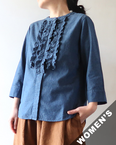 TIGRE BROCANTE ティグルブロカンテ Indigoシャンブレークルーネックフリル7分袖シャツ