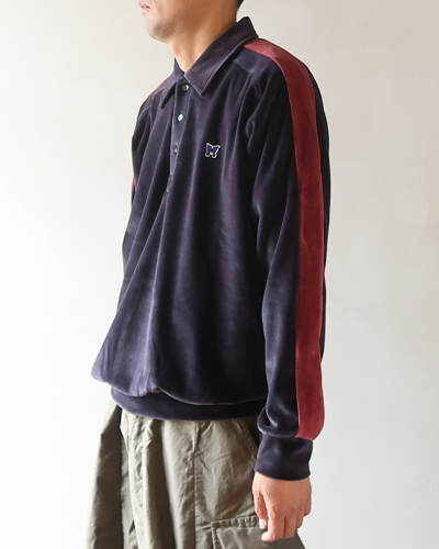 NEEDLES - Side Line Pullover Shirt - C/PE Velour - NAVY ニードルズ サイドライン プルオーバーシャツ