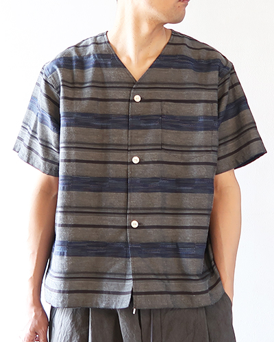 NEEDLES - V-Neck Shirt - Kasuri Border ニードルズ Vネックシャツ