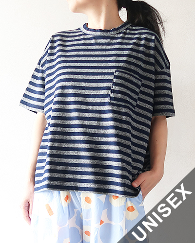 TIGRE BROCANTE ティグルブロカンテ インディゴボーダー天竺 ベニスビーチ ポケット 半袖 Tシャツ メール便可