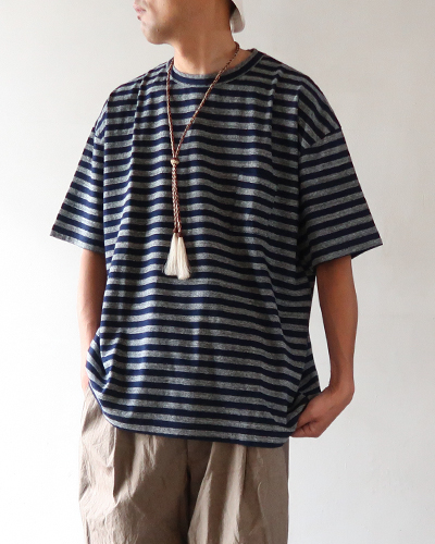 TIGRE BROCANTE ティグルブロカンテ インディゴボーダー天竺 ベニスビーチ ポケット 半袖 Tシャツ メール便可