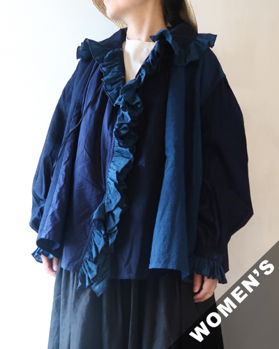 TIGRE BROCANTE ティグルブロカンテ 藍の古布 フェザー フリル ブラウス