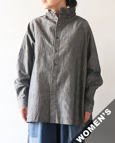 Yarmo - Dungaree Ruffle Shirts - BLACK ヤーモ ダンガリーラッフルシャツ
