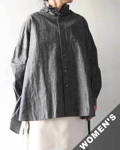 Yarmo - Dungaree Ruffle Shirts - BLACK ヤーモ ダンガリーラッフルシャツ