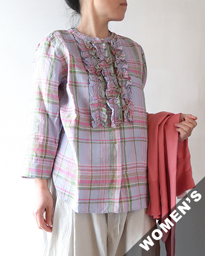 TIGRE BROCANTE ティグルブロカンテ リネンチェック クルーネックフリル 7分袖シャツ メール便可