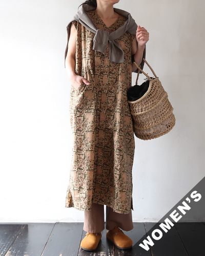 South2 West8 - Sleeveless V Neck Dress - Batik Printed - BEIGE サウス2ウエスト8 スリーブレス Vネックドレス