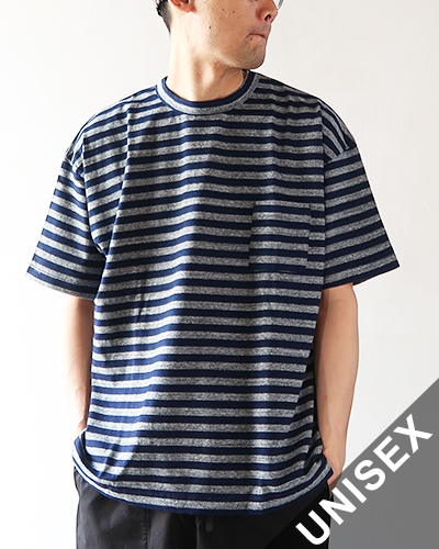TIGRE BROCANTE ティグルブロカンテ インディゴボーダー天竺 ベニスビーチ ポケット 半袖 Tシャツ メール便可