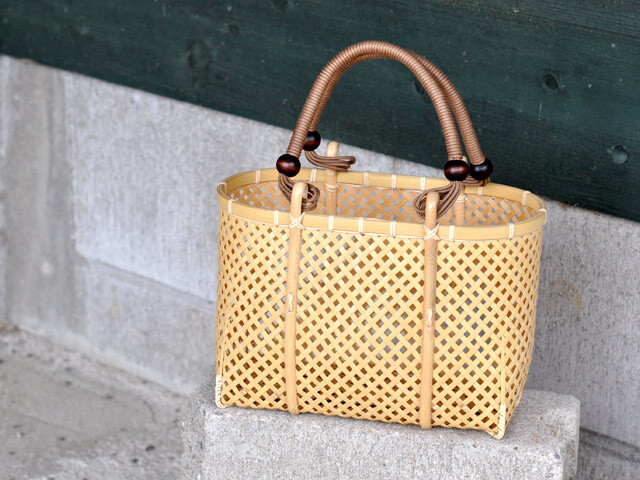 四ツ目編みバッグ ミニ/かごバッグ/竹籠/一点もの/巾着付き/女性  