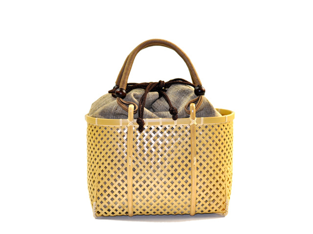 四ツ目編みバッグ ミニ/かごバッグ/竹籠/一点もの/巾着付き/女性  