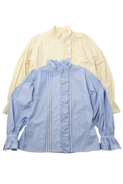 [WOMAN] GATHER COLLAR BLOUSE - STRIPE / ウーマン ギャザーカラーブラウス - ストライプ