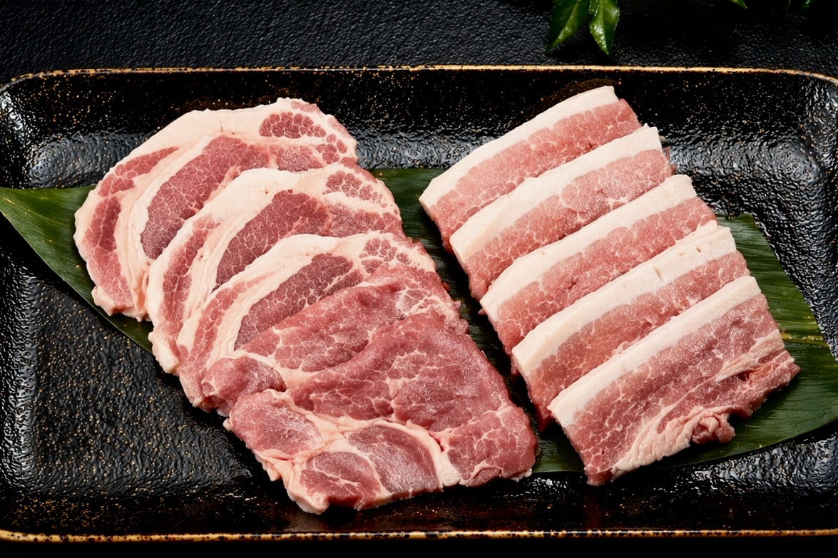（冷蔵）那須茶色豚（デュロック） 焼肉用2種食べ比べセット(バラ・肩ロース肉)600g 箱入り包装