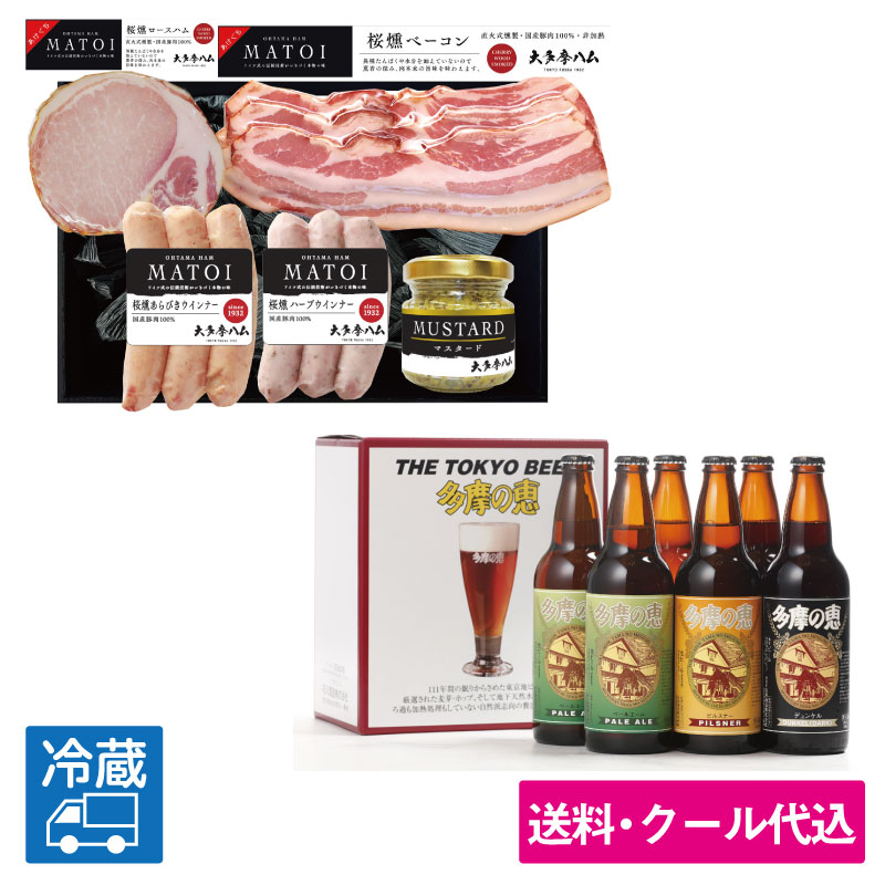 多摩の恵と「大多摩ハム MATOI 国産豚肉バラエティ4品詰合せ」＜送料込みビール＞