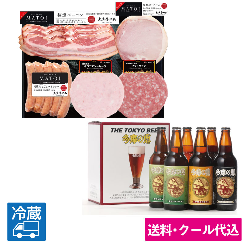 多摩の恵と「大多摩ハム MATOI 国産豚肉バラエティ5品詰合せ」＜送料込みビール＞
