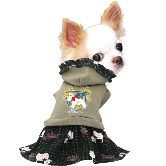犬服ハンドメイド　リボンボアワンピパーカー　イニシャル入り 犬服ハンドメイドリボンボアワンピパーカーイニシャル入り