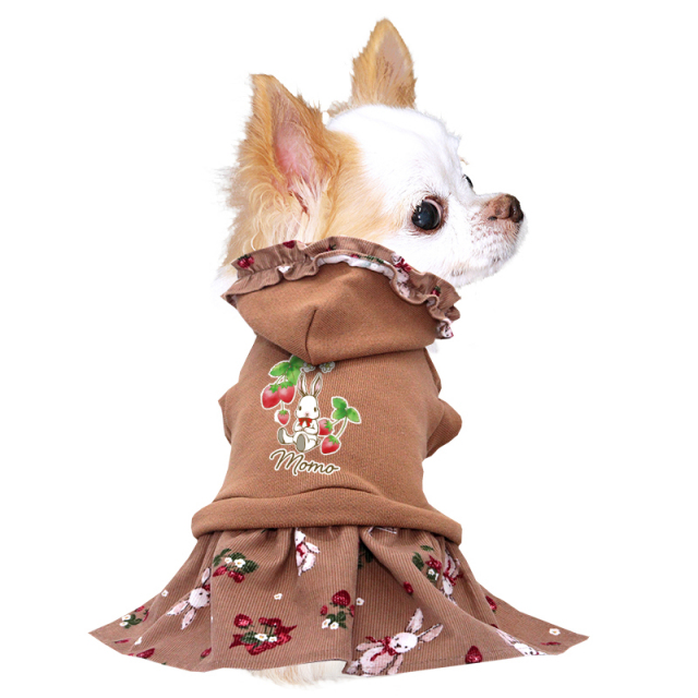 愛犬のお名前入り うさぎとイチゴのコーデュロイワンピース【犬服専門
