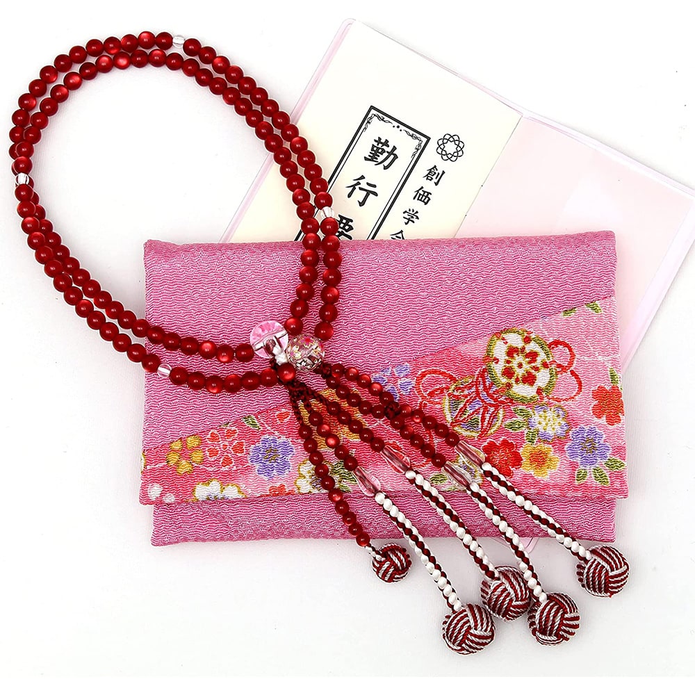 勤行 念珠セット 女性用 (キャッツアイレッド2色房/ちりめん ピンク