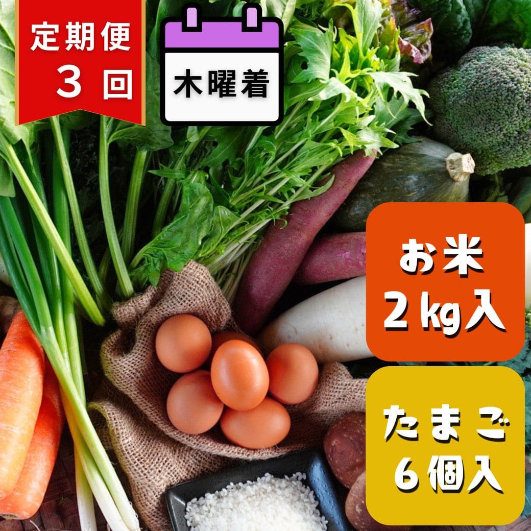 【定期便3回・木曜着】丹後・旬の野菜6～8種とこだわり卵と丹後の米詰め合わせセット
