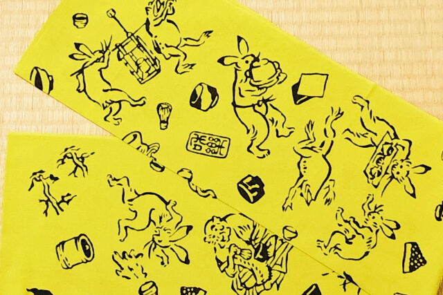 手ぬぐい　鳥獣戯画茶の湯図（鶯色）