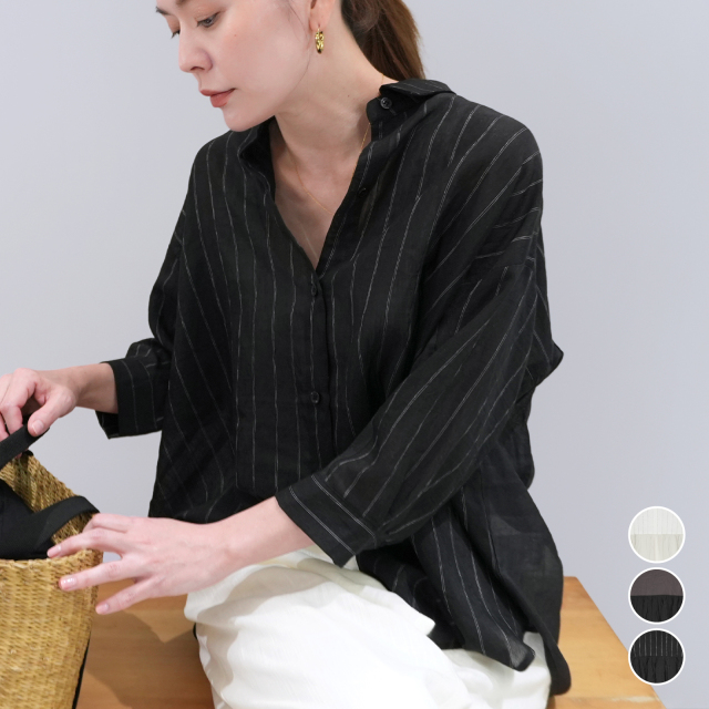 麻混スリーブ配色SH〈トップス〉