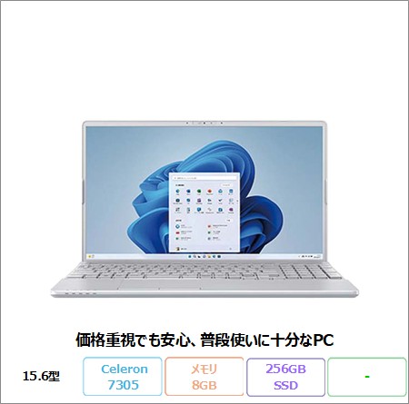 富士通 LIFEBOOK AH40/H ノートパソコン FMVA40HSJ1 Win11 Celeron 7305 メモリ8GB SSD256GB 15.6インチ 再生品Bランク