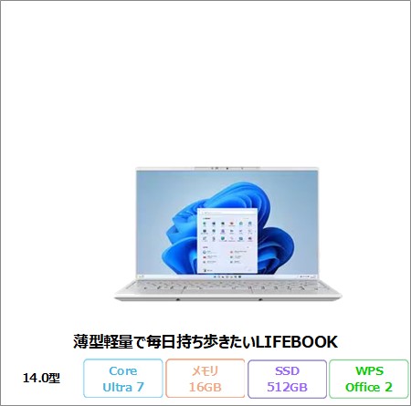 富士通 LIFEBOOK UH90/J3 ノートパソコン FMVU90J3W0 Windows11 Office付き Core Ultra 7 155H メモリ16GB SSD512GB 14.0インチ 再生品Bランク