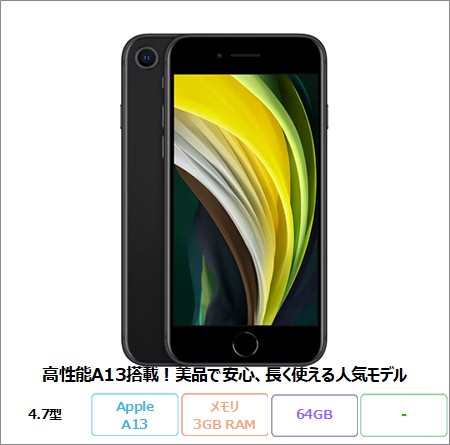 APPLE iPhone SE2 (第2世代) スマートフォン MHGP3J/A、MX9R2J/A A13 Bionic メモリ3GB 64GB 4.7インチ リファビッシュCランク