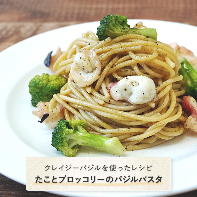 クレイジーバジルを使ったレシピ：たことブロッコリーのバジルパスタ